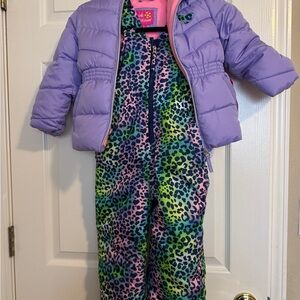Pink Platinum Purple Puffer Jacket with Multicolor Leopard Print Snowsuit